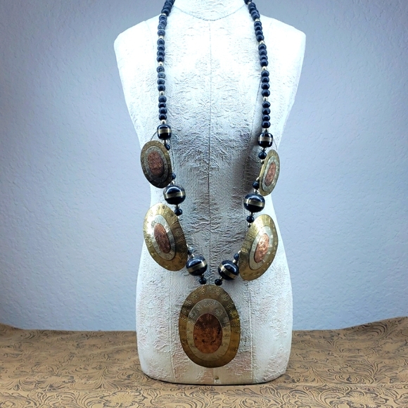 Hand Crafted Jewelry - Vintage Hand Crafted Gold Silver Copper Multi-metal Beaded Necklace